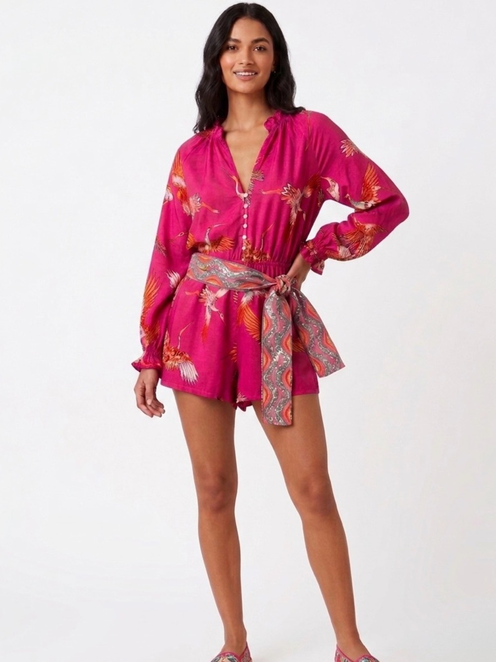 Taj by Sabrina Crippa Fuschia Crane Print Romper with Sequin Belt Size Small NWT